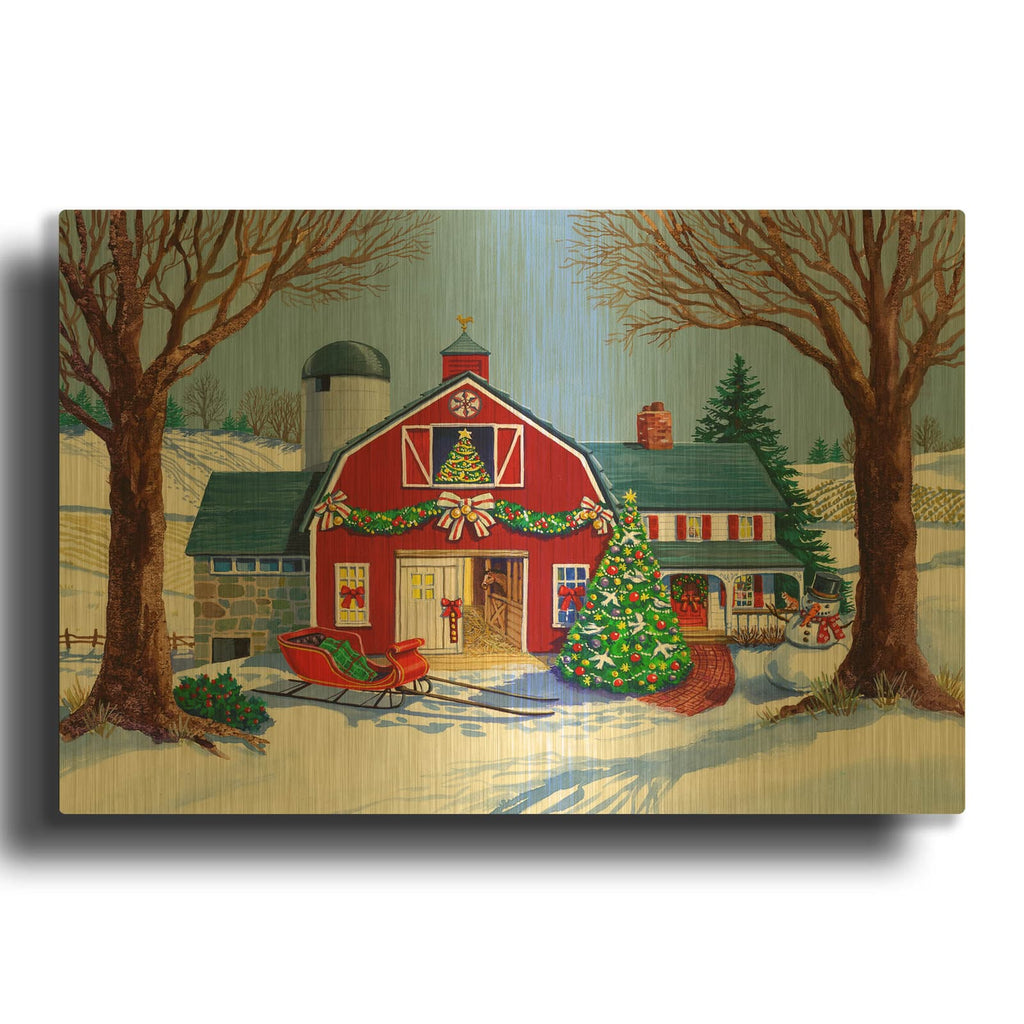 'The Red Sleigh Barn' By Geraldine Aikman Gold Metal Wall Art