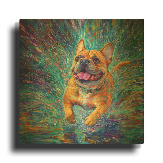 'Buldog In The Rain Puddles' By Rich Monet Gold Metal Wall Art