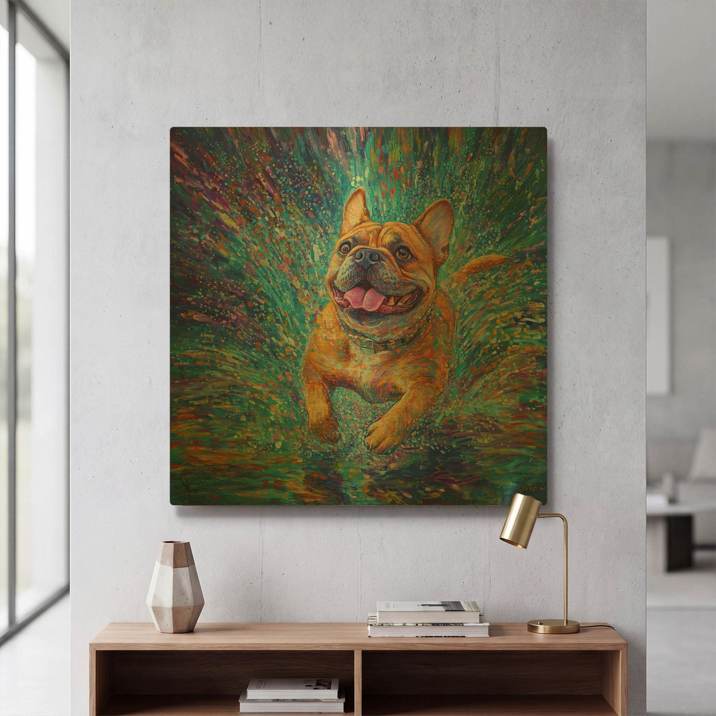 'Buldog In The Rain Puddles' By Rich Monet Gold Metal Wall Art