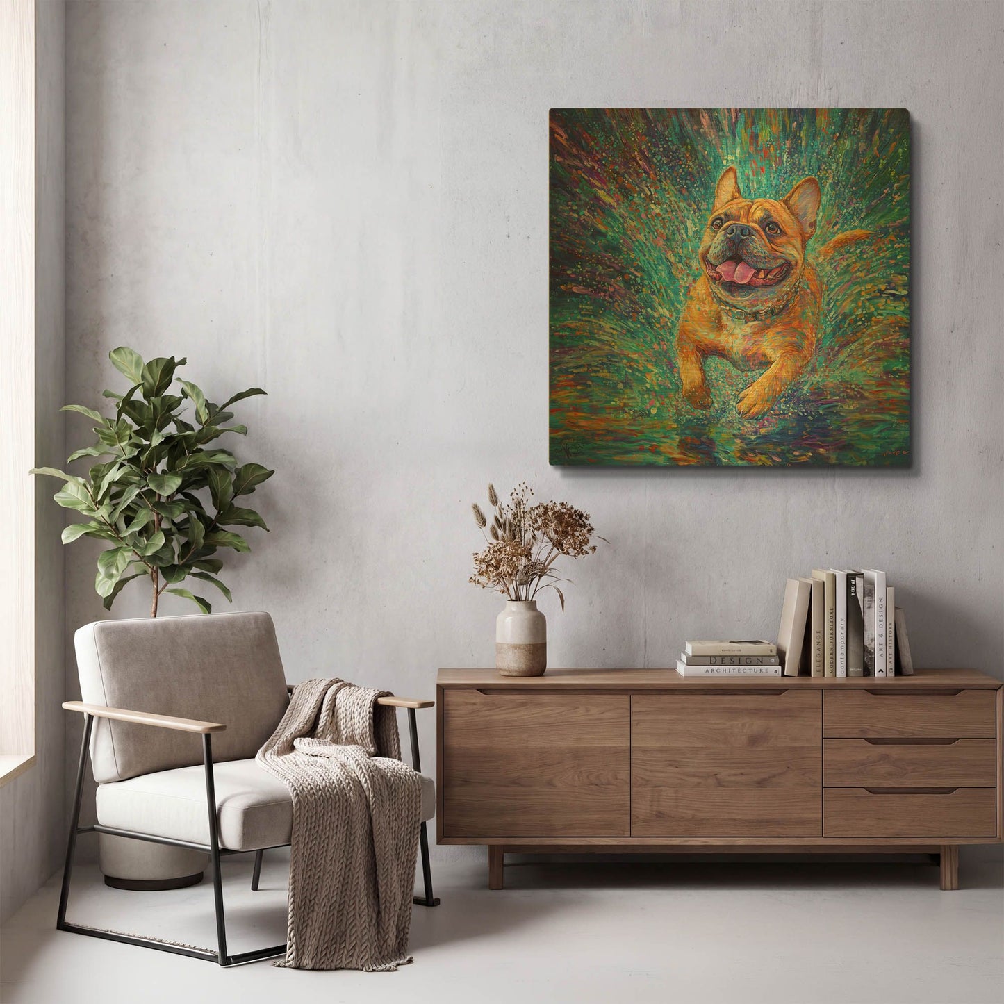'Buldog In The Rain Puddles' By Rich Monet Gold Metal Wall Art