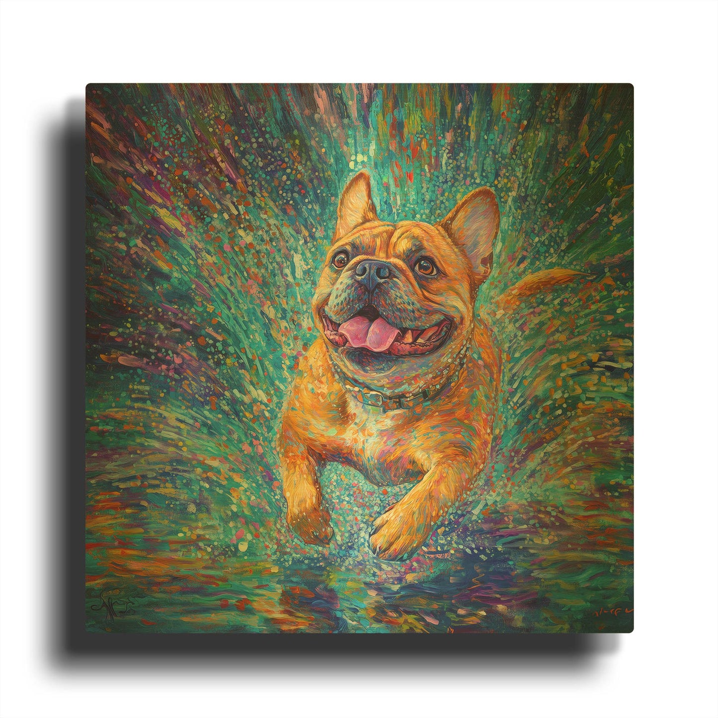 'Buldog In The Rain Puddles' By Rich Monet Gold Metal Wall Art
