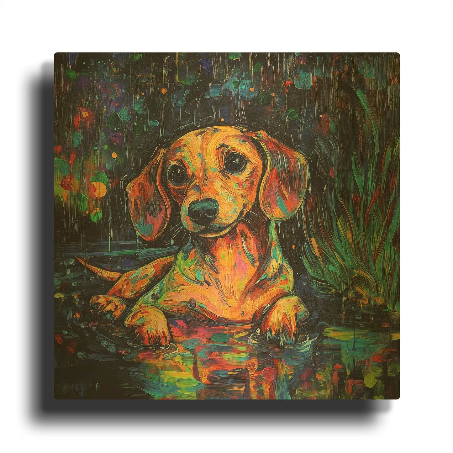 'Dachshund In The Rain' By Rich Monet Gold Metal Wall Art