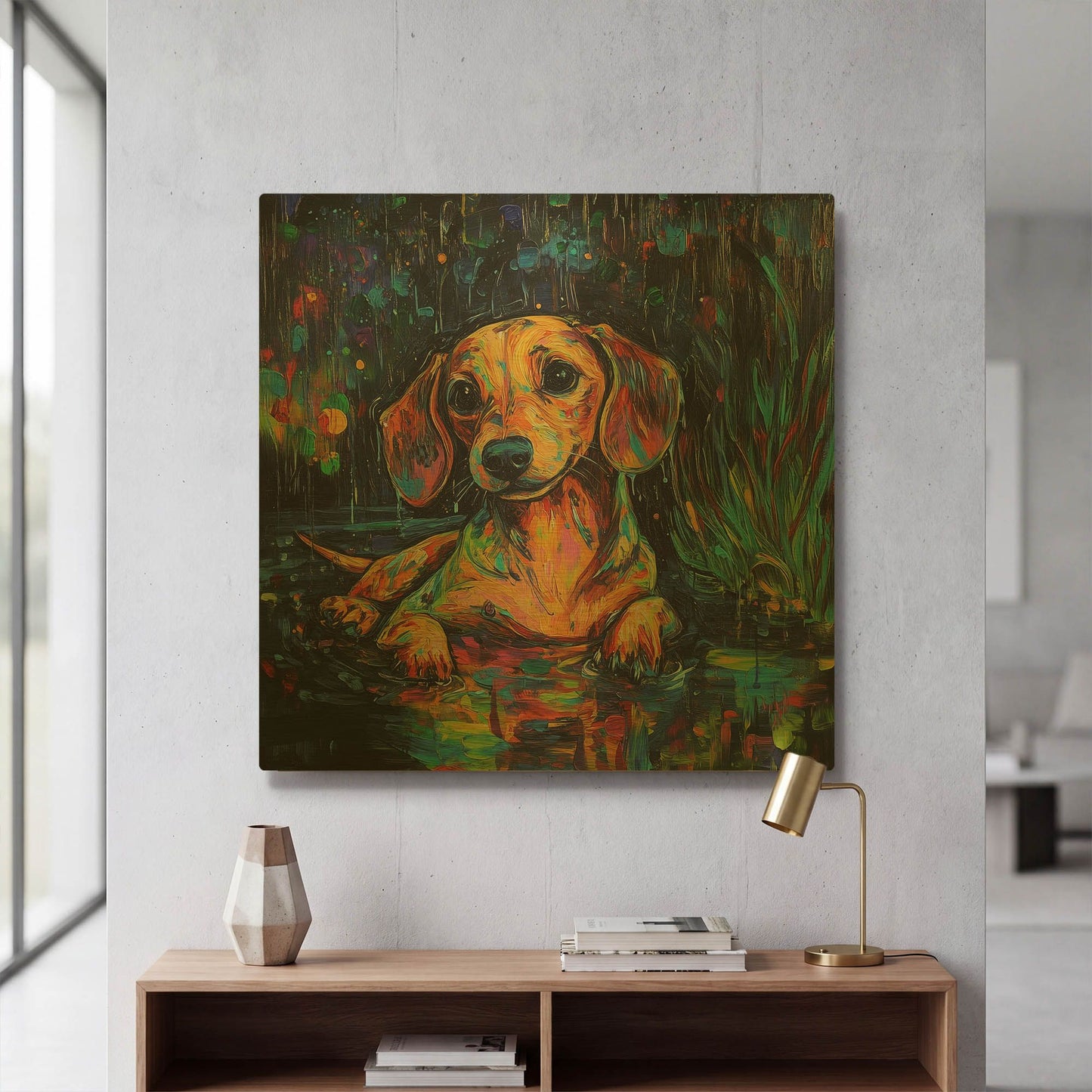 'Dachshund In The Rain' By Rich Monet Gold Metal Wall Art