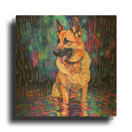 'German Shephard In The Rain' By Rich Monet Gold Metal Wall Art