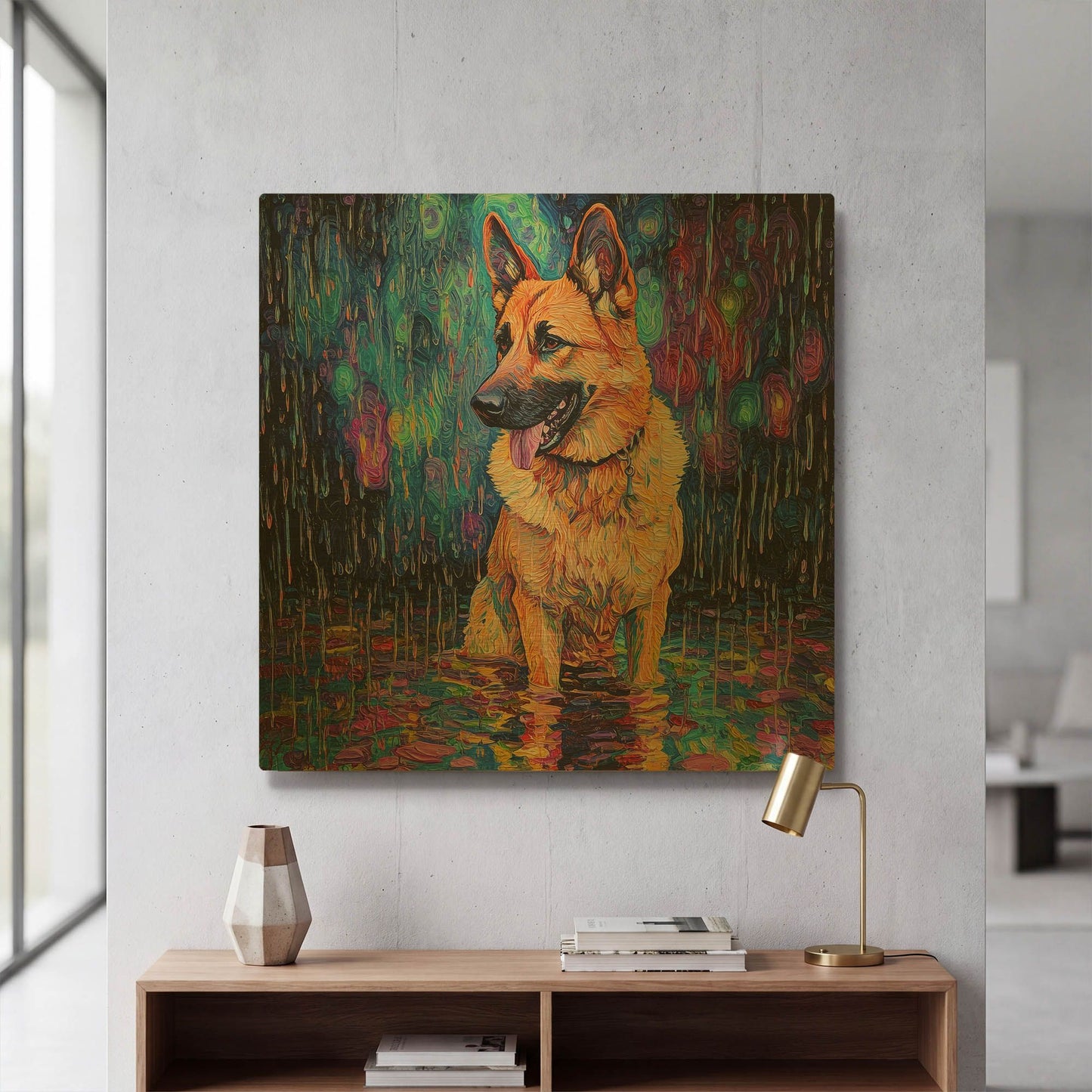 'German Shephard In The Rain' By Rich Monet Gold Metal Wall Art