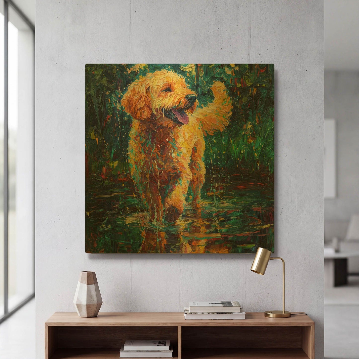 'Labradoodle In The Rain' By Rich Monet Gold Metal Wall Art
