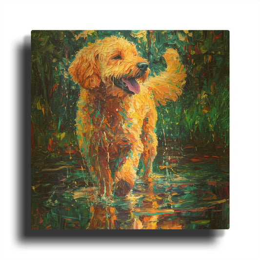 'Labradoodle In The Rain' By Rich Monet Gold Metal Wall Art