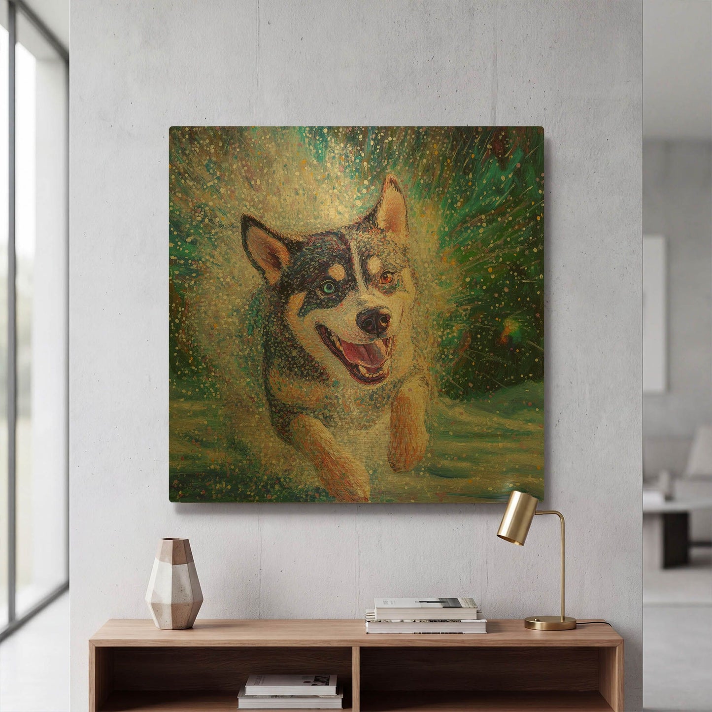 'Siberian Husky Puddle Fun' By Rich Monet Gold Metal Wall Art