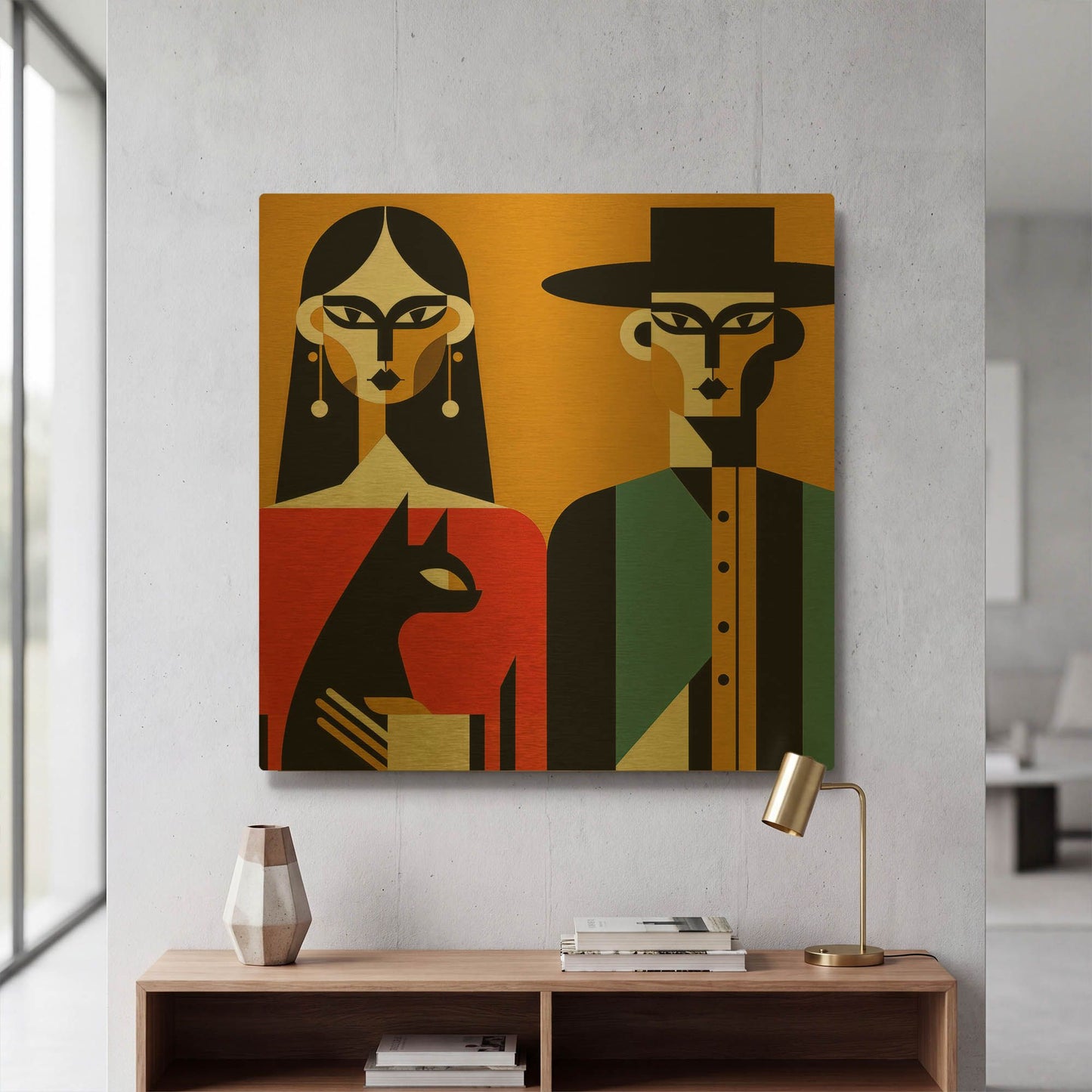 'Happy Couple And Cat' By Rich Monet Gold Metal Wall Art