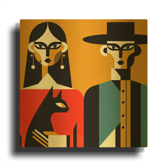 'Happy Couple And Cat' By Rich Monet Gold Metal Wall Art