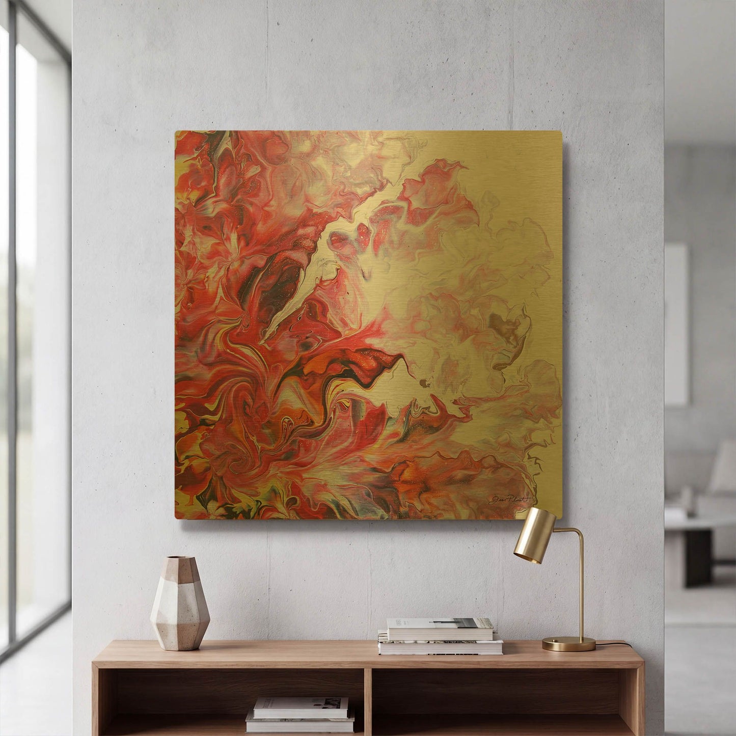 'Abstract Pouring E' By Jean Plout Gold Metal Wall Art