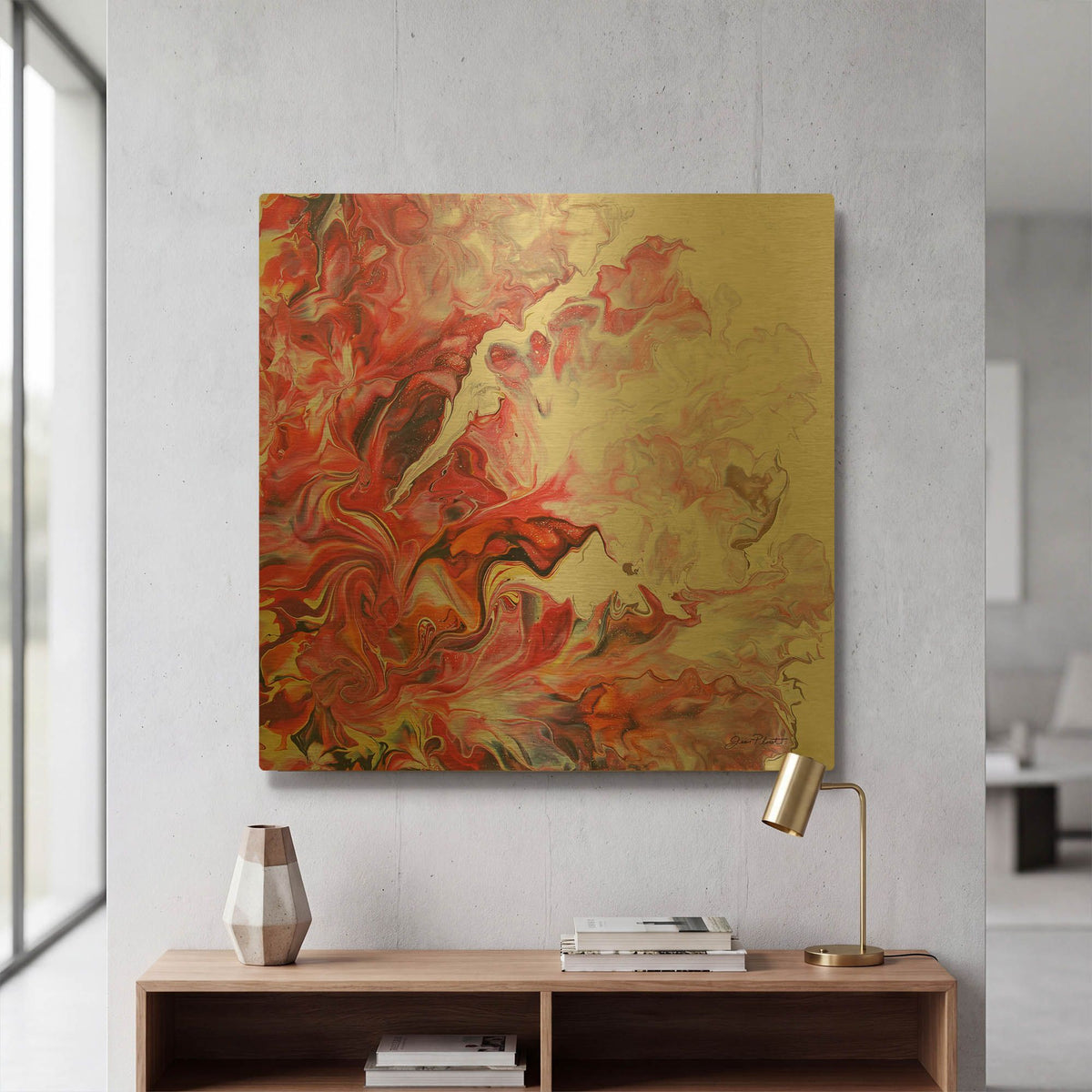 'Abstract Pouring E' By Jean Plout Gold Metal Wall Art