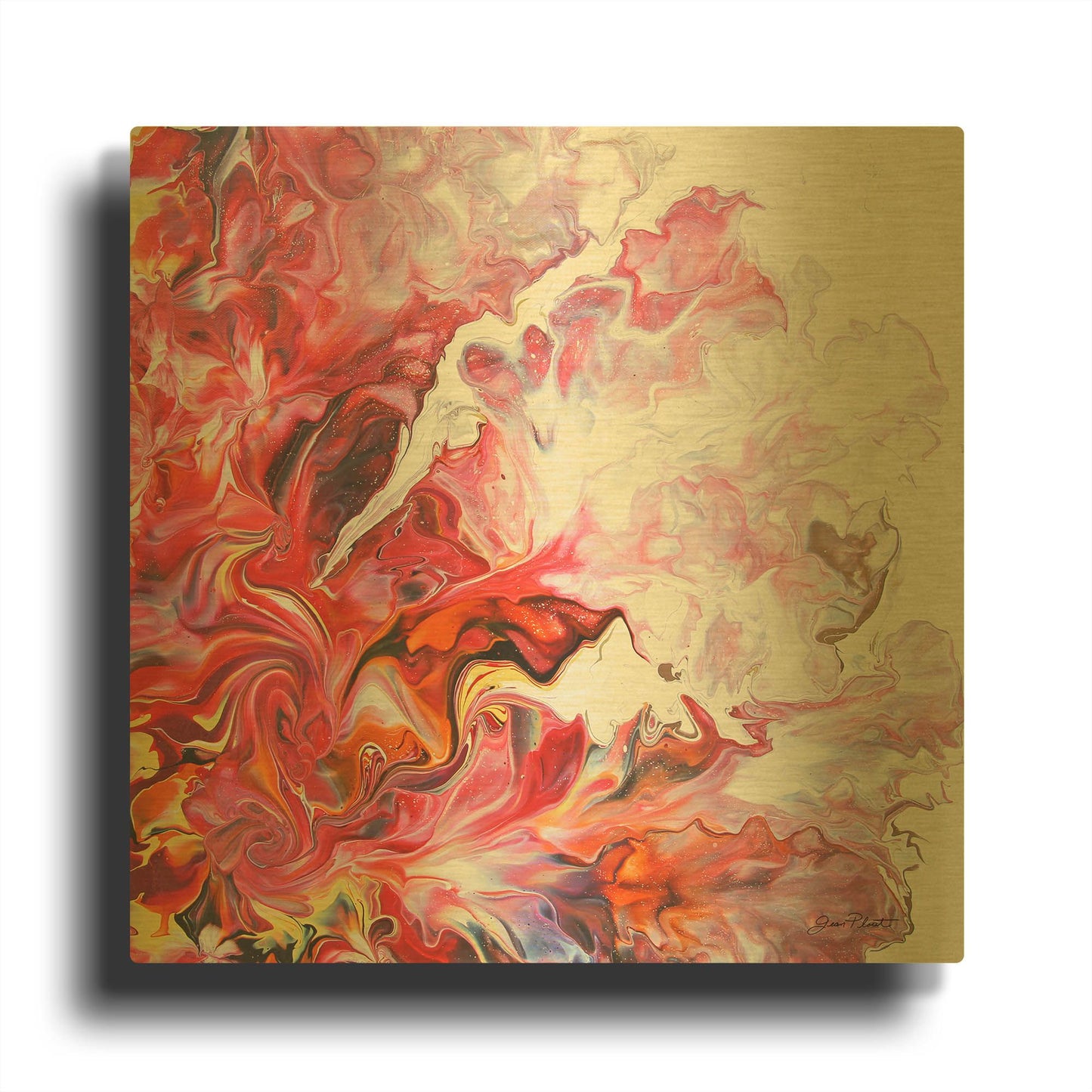 'Abstract Pouring E' By Jean Plout Gold Metal Wall Art
