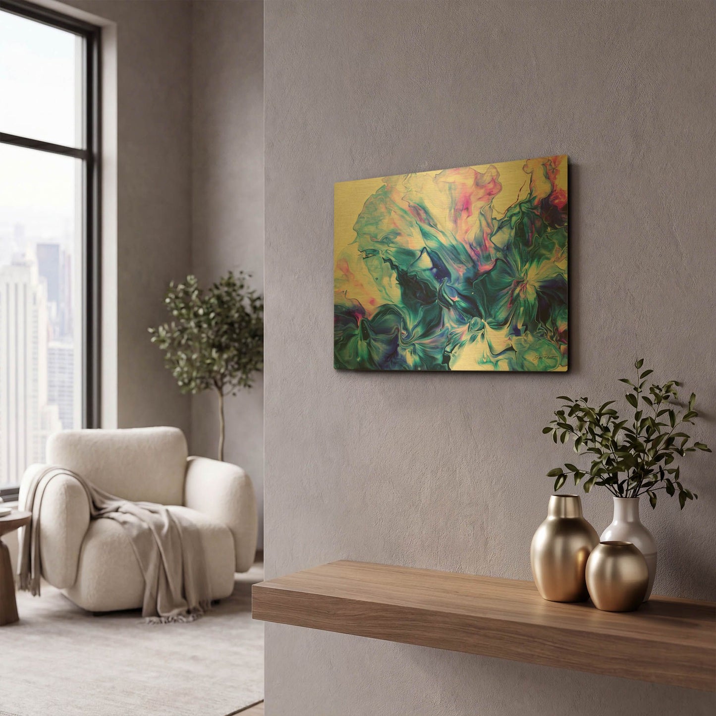 'Abstract Pouring H' By Jean Plout Gold Metal Wall Art