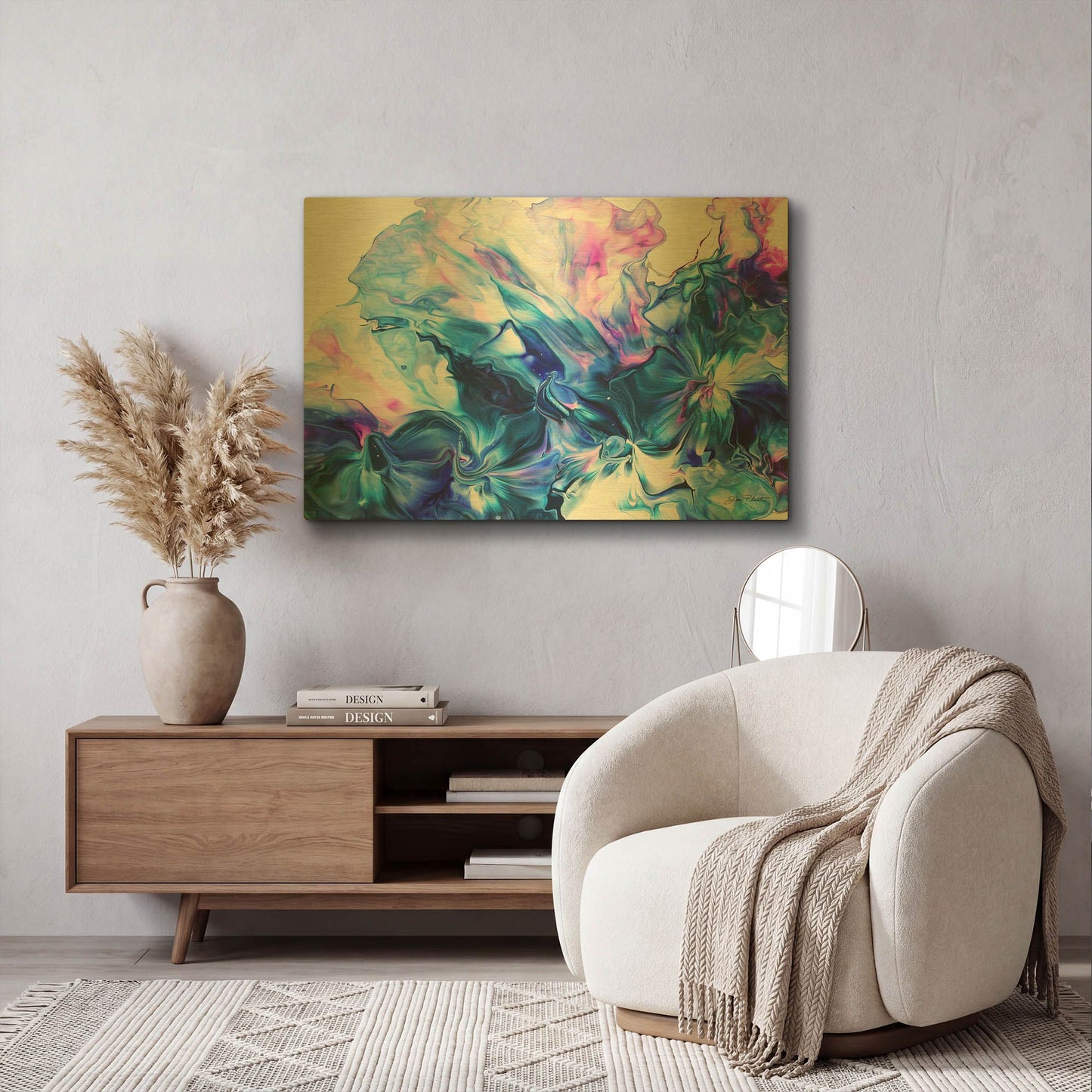 'Abstract Pouring H' By Jean Plout Gold Metal Wall Art
