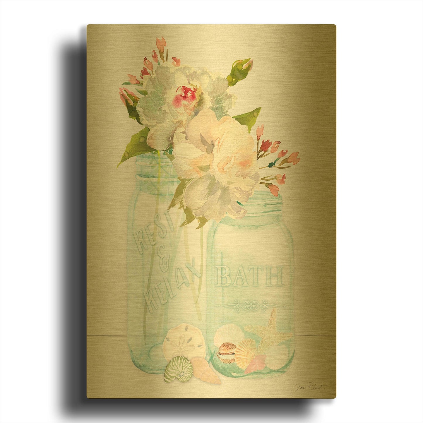 'Bath Time Mason Jars' By Jean Plout Gold Metal Wall Art