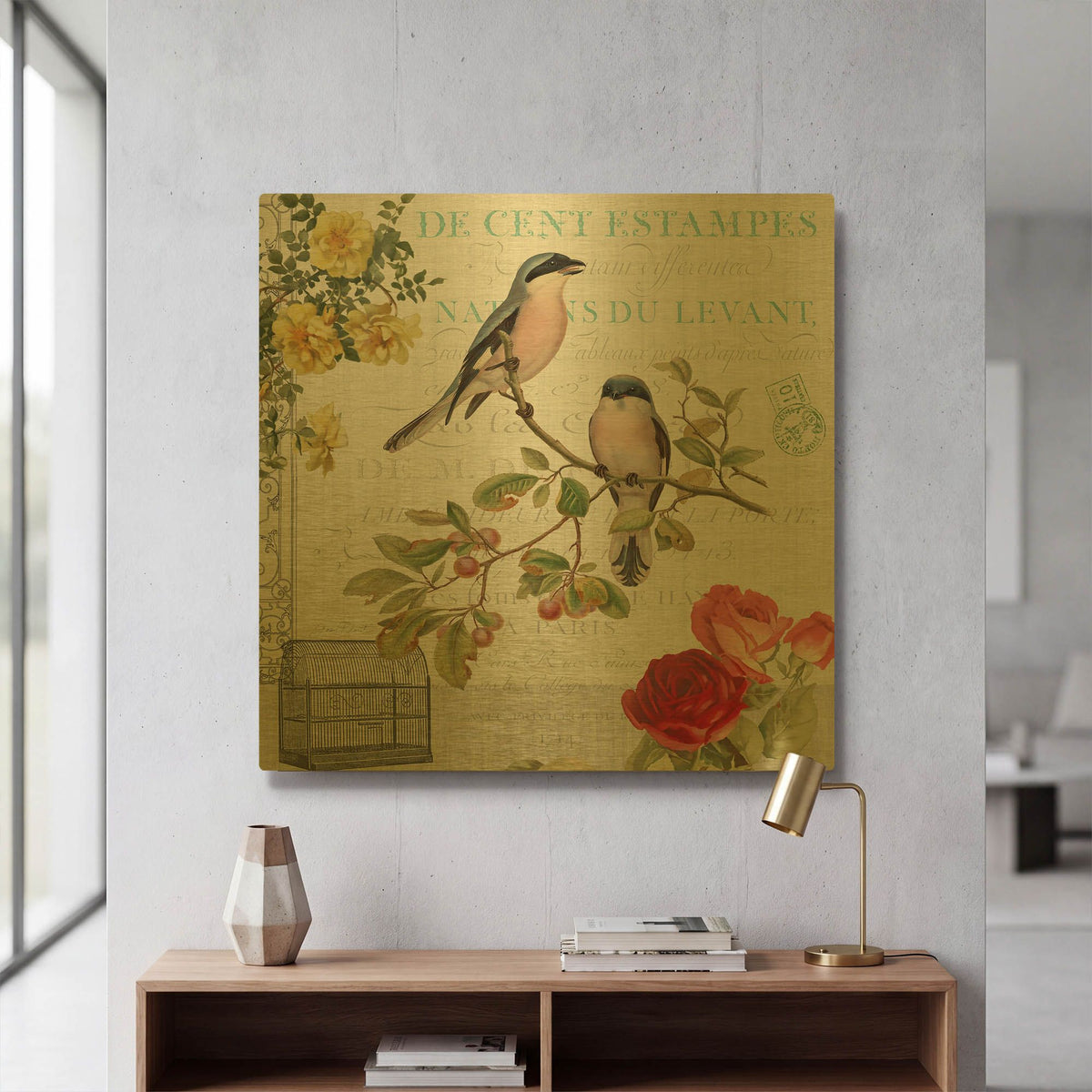 'Birdwatchers Dream 4' By Jean Plout Gold Metal Wall Art