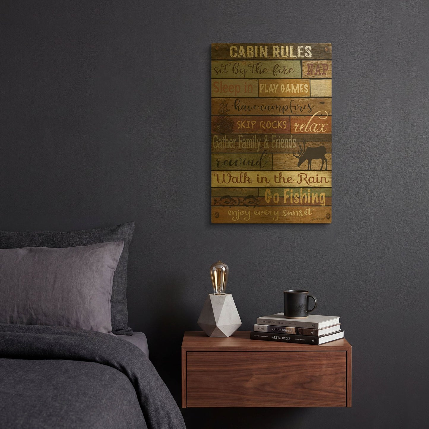 'Cabin Rules On Wood' By Jean Plout Gold Metal Wall Art