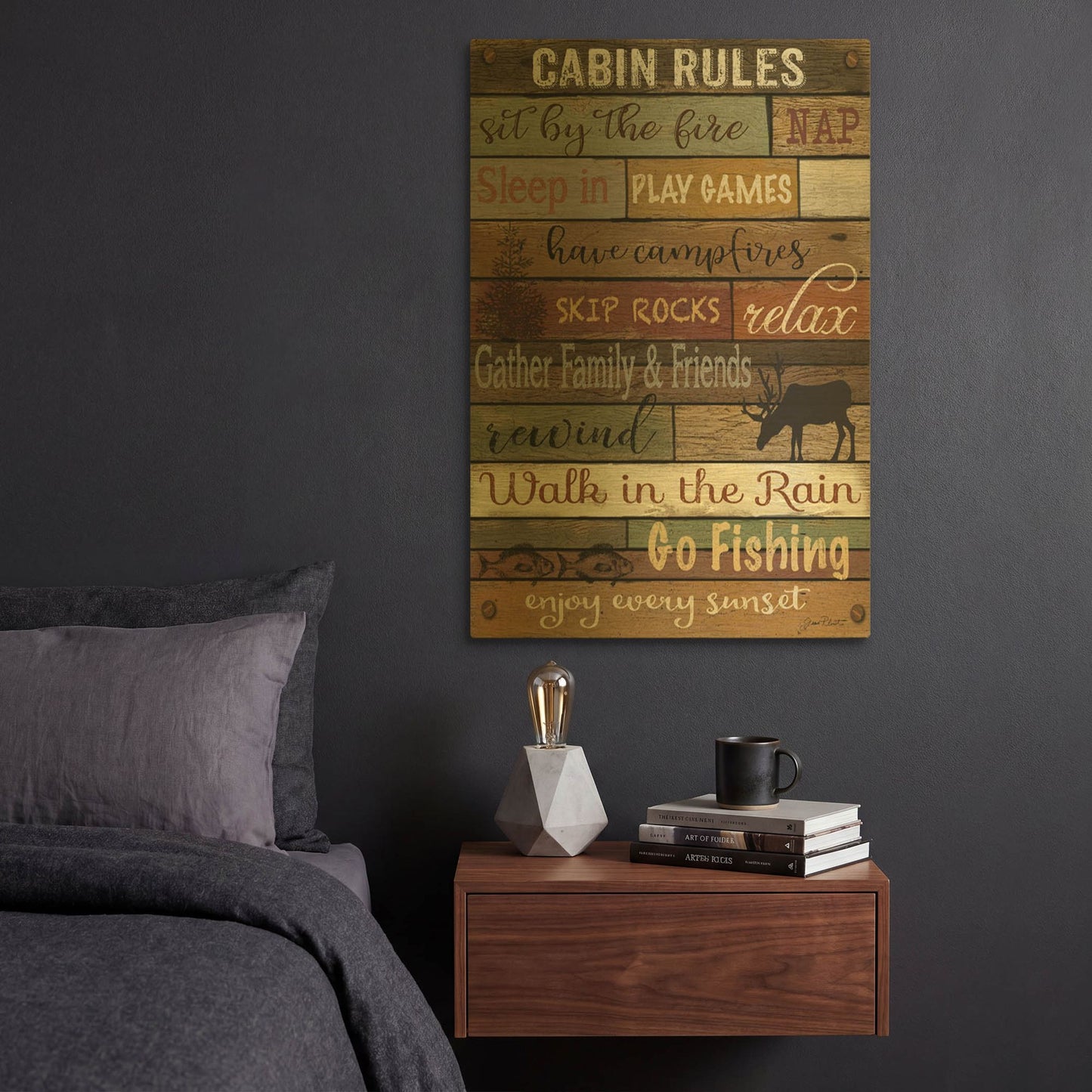 'Cabin Rules On Wood' By Jean Plout Gold Metal Wall Art