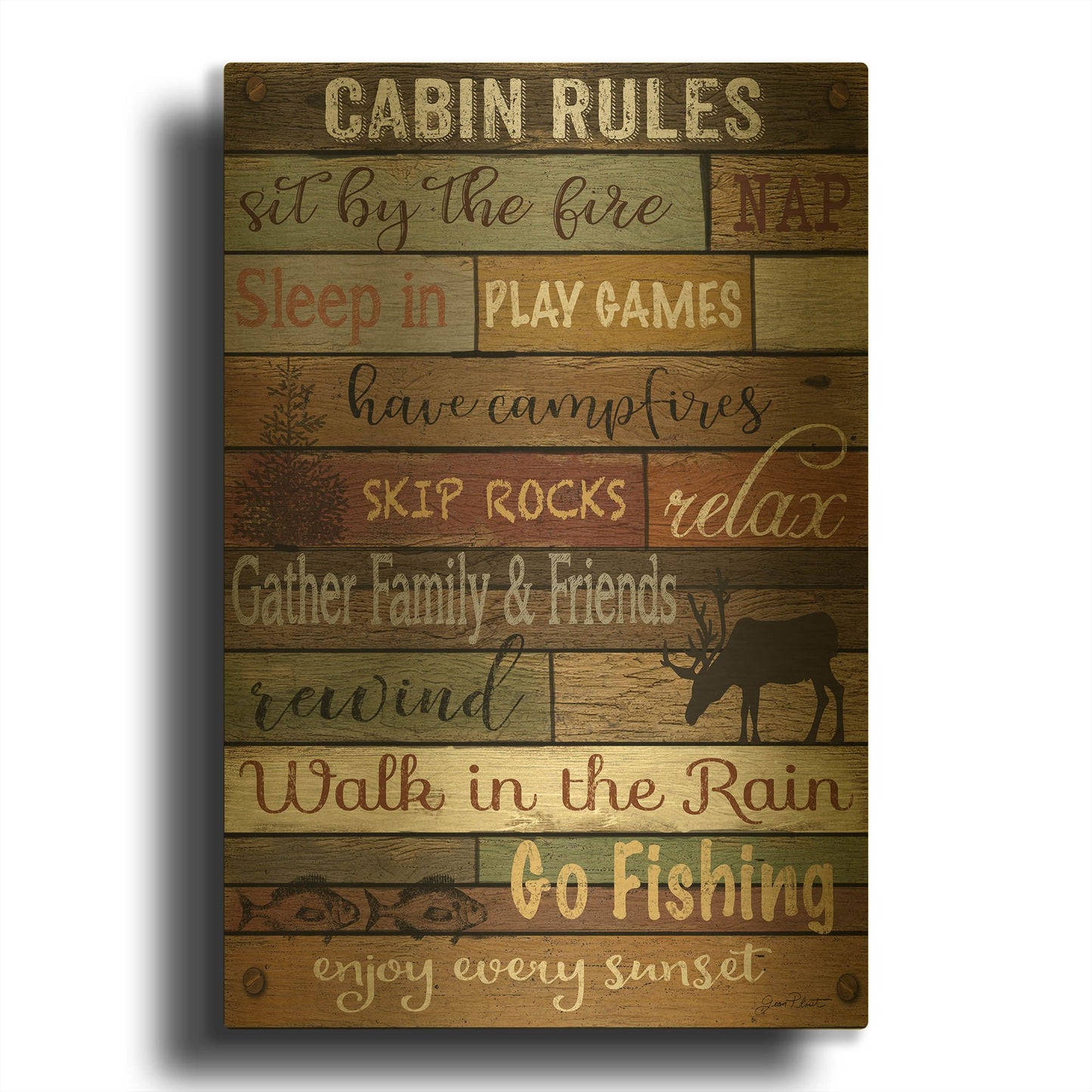 'Cabin Rules On Wood' By Jean Plout Gold Metal Wall Art