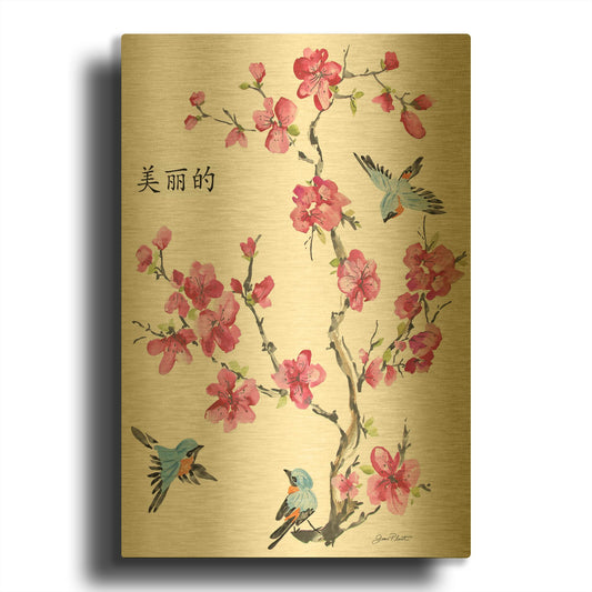 'Cherry Blossom Beautiflul Birds' By Jean Plout Gold Metal Wall Art