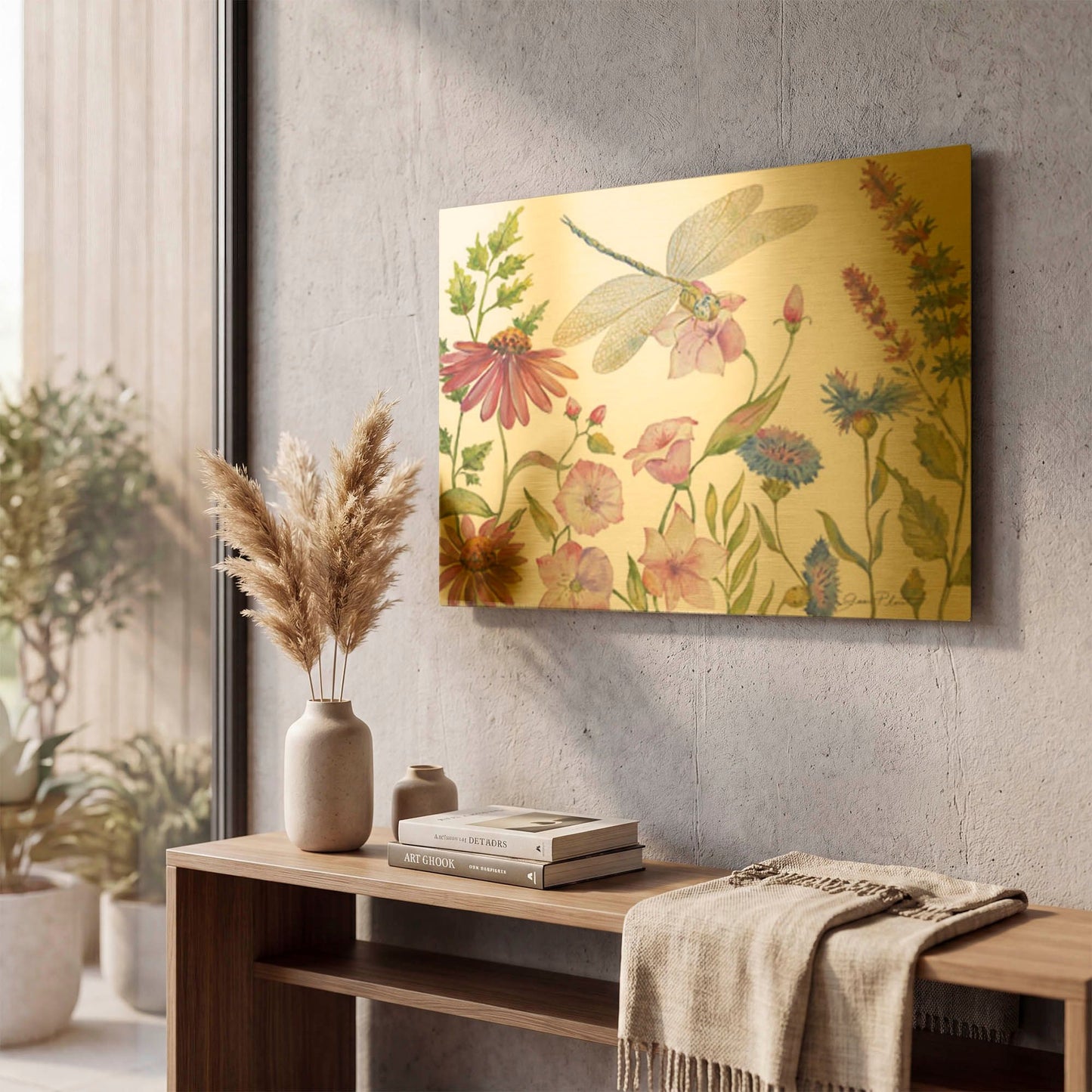 'Dragonfly Garden Delight A' By Jean Plout Gold Metal Wall Art