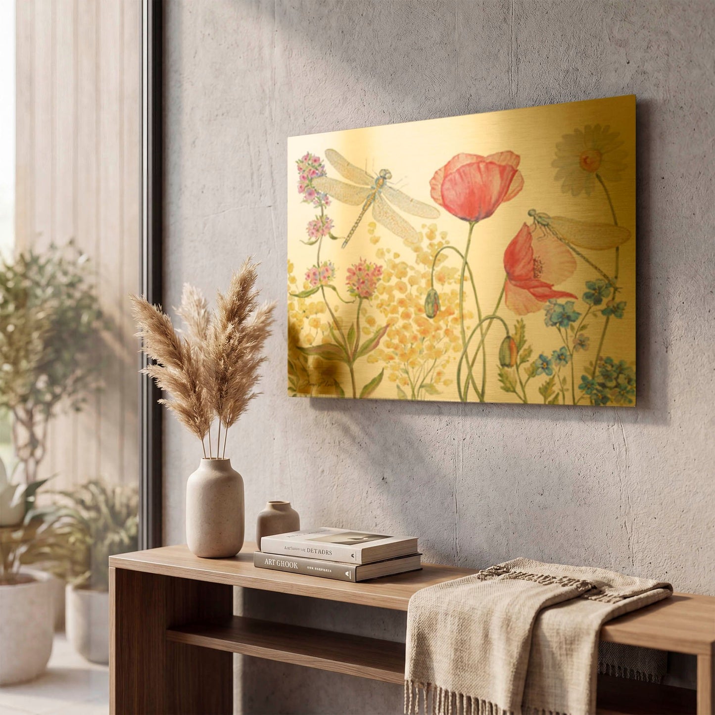 'Dragonfly Garden Delight B' By Jean Plout Gold Metal Wall Art