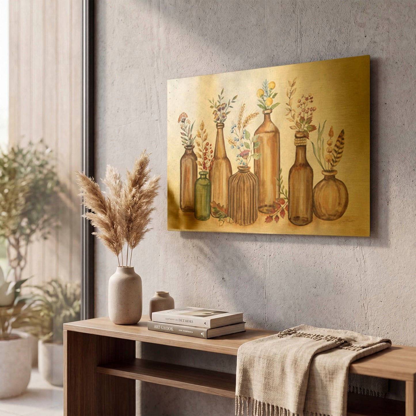 'Fall Brown Bottles A' By Jean Plout Gold Metal Wall Art
