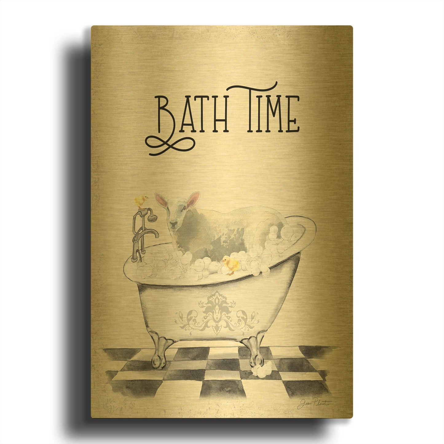 'Farm Animals Bath C' By Jean Plout Gold Metal Wall Art