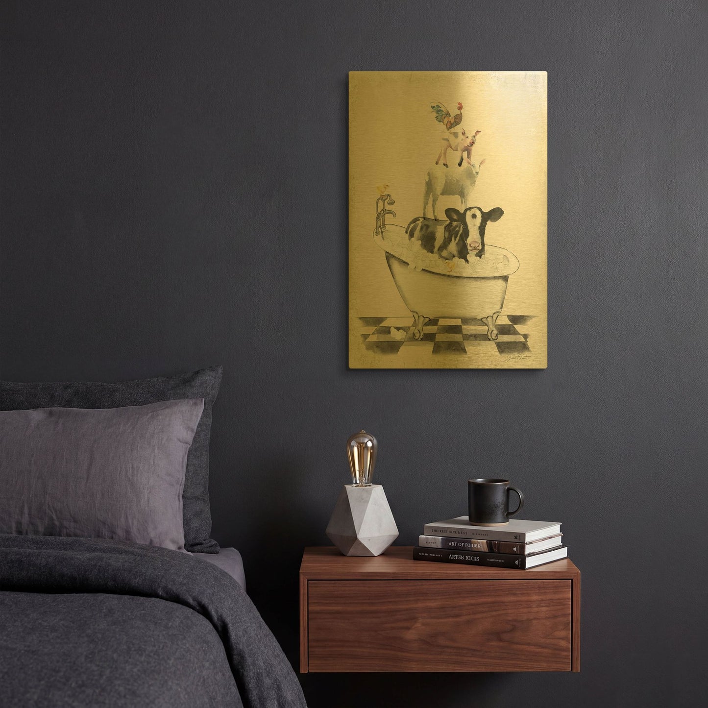 'Farm Animals Bath E' By Jean Plout Gold Metal Wall Art