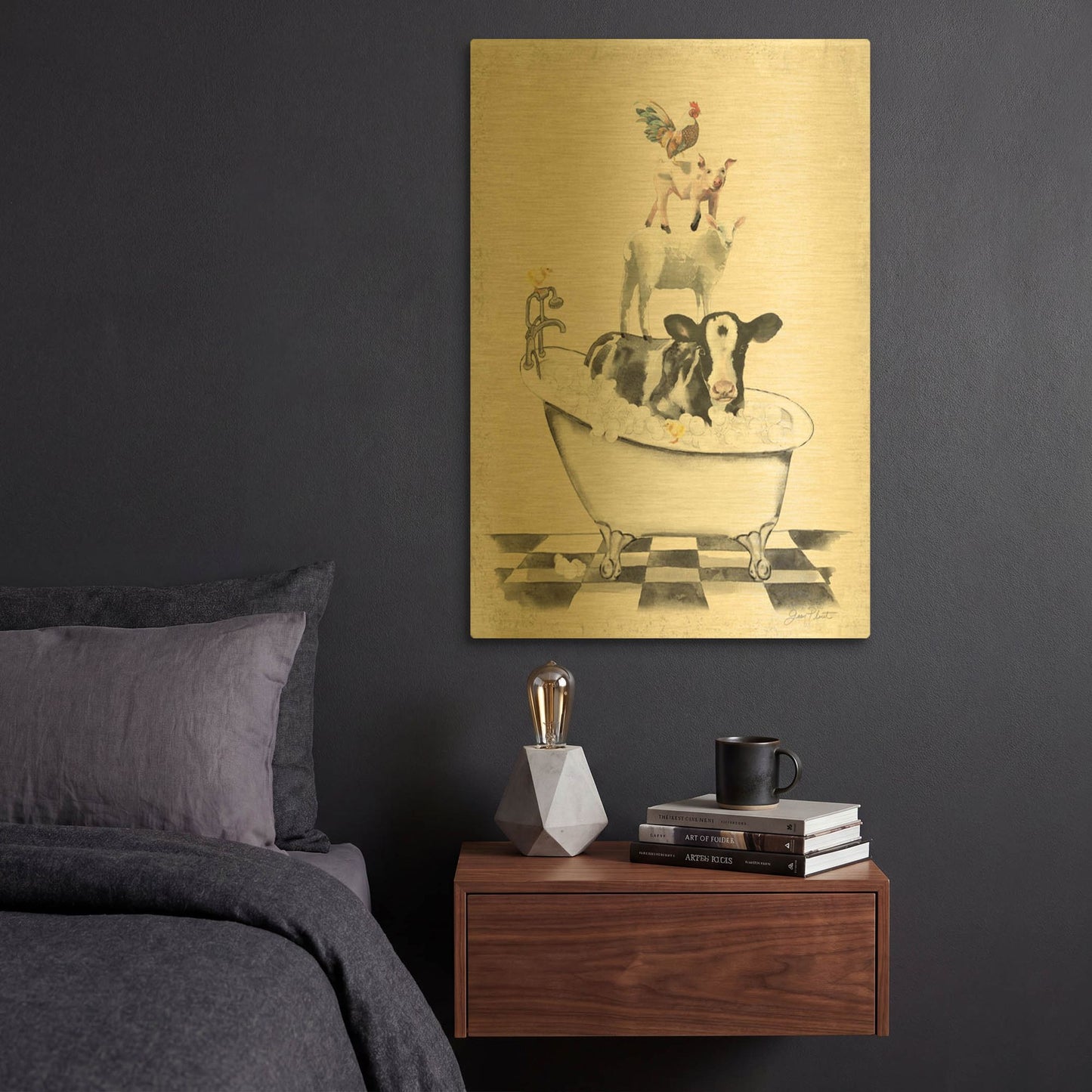 'Farm Animals Bath E' By Jean Plout Gold Metal Wall Art