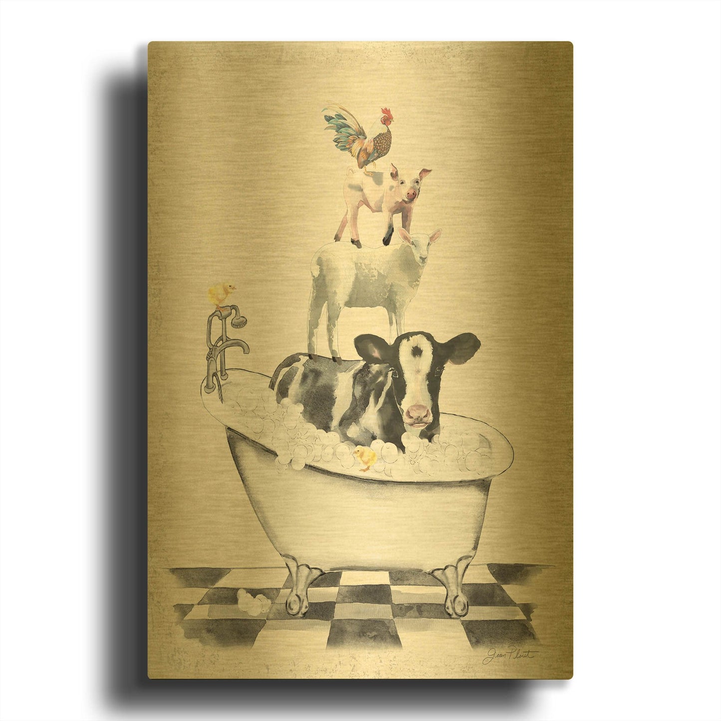 'Farm Animals Bath E' By Jean Plout Gold Metal Wall Art