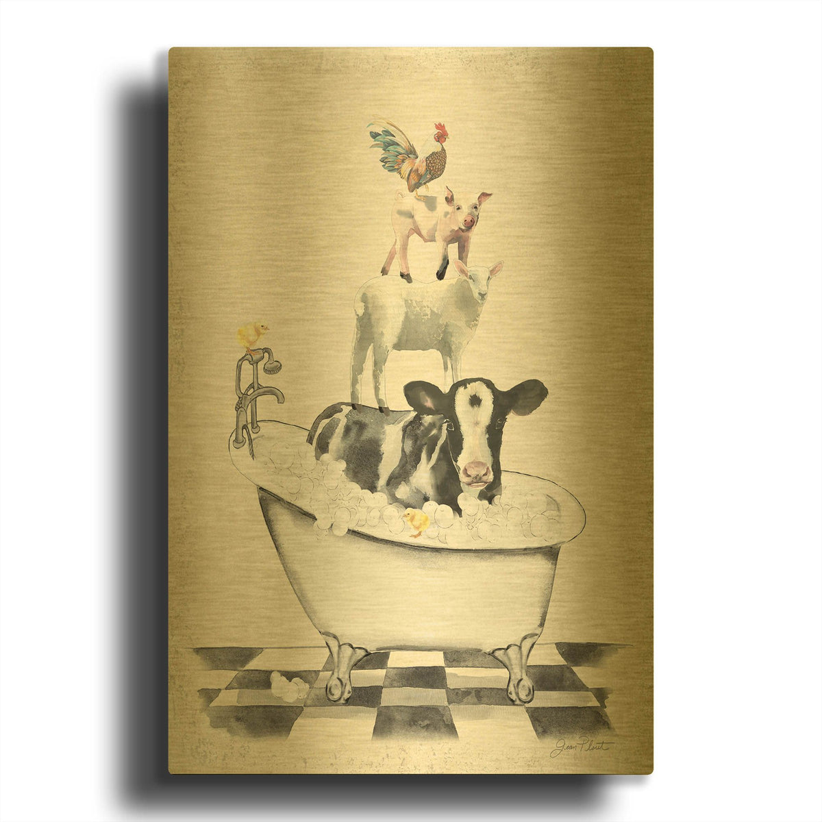 'Farm Animals Bath E' By Jean Plout Gold Metal Wall Art