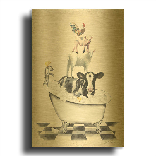 'Farm Animals Bath E' By Jean Plout Gold Metal Wall Art