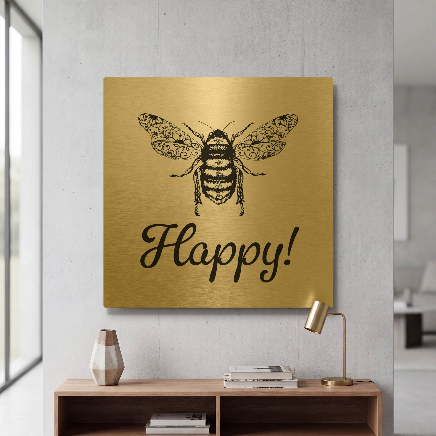 'Floral Bee Happy' By Jean Plout Gold Metal Wall Art