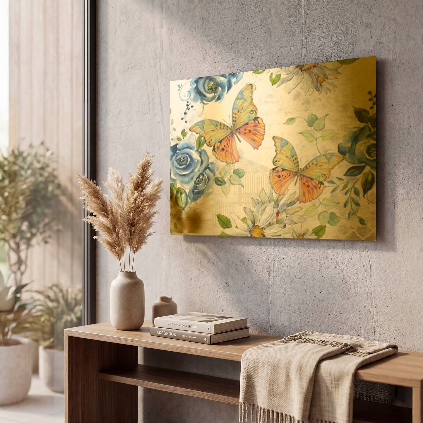 'Floral Butterfly Garden C' By Jean Plout Gold Metal Wall Art
