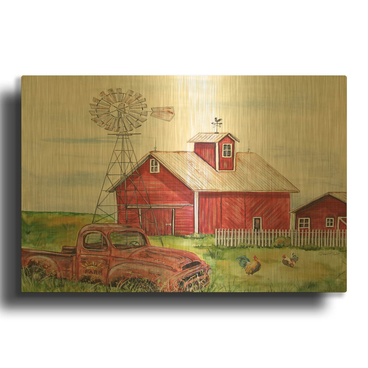 'Rural Red Barn A' By Jean Plout Gold Metal Wall Art