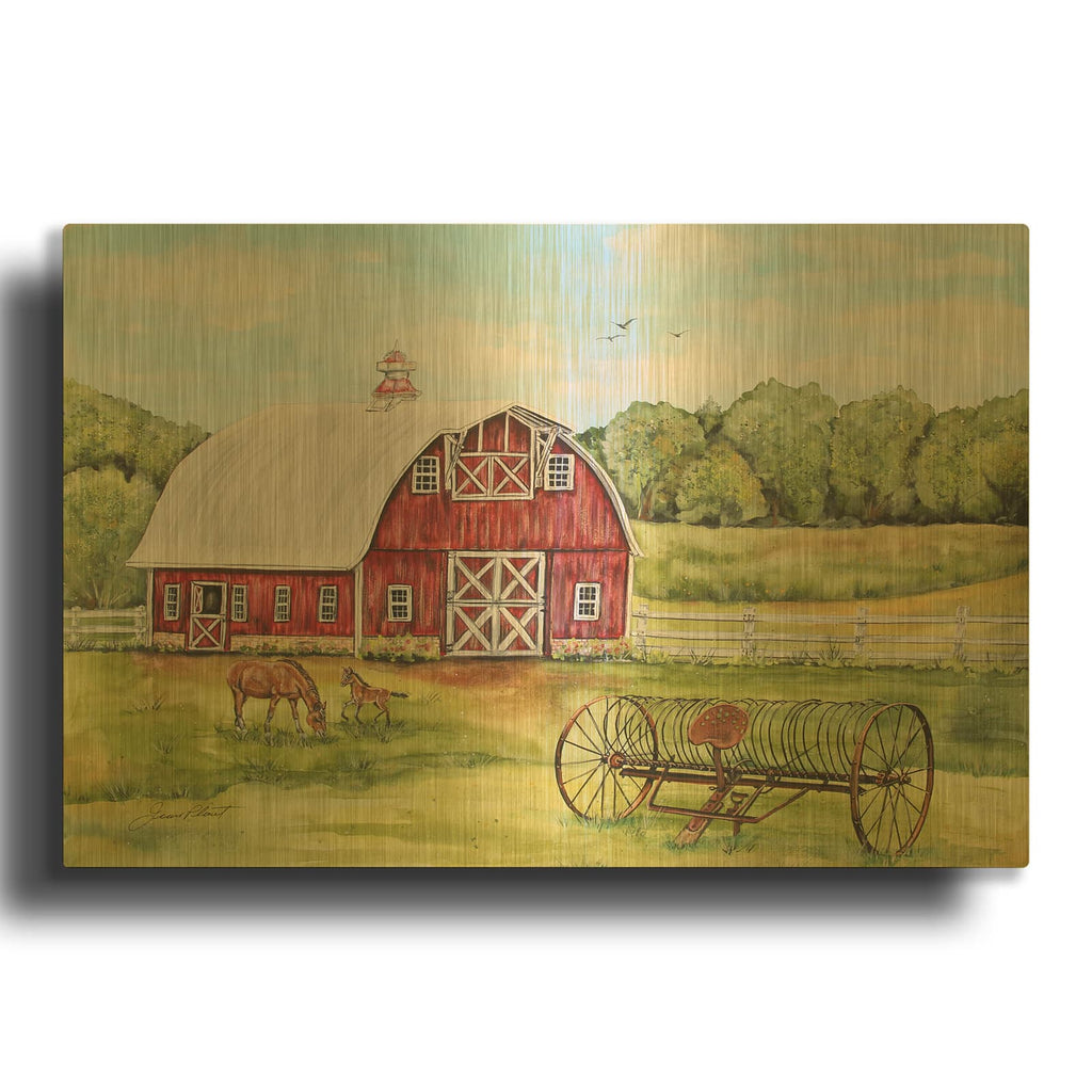 'Rural Red Barn C' By Jean Plout Gold Metal Wall Art