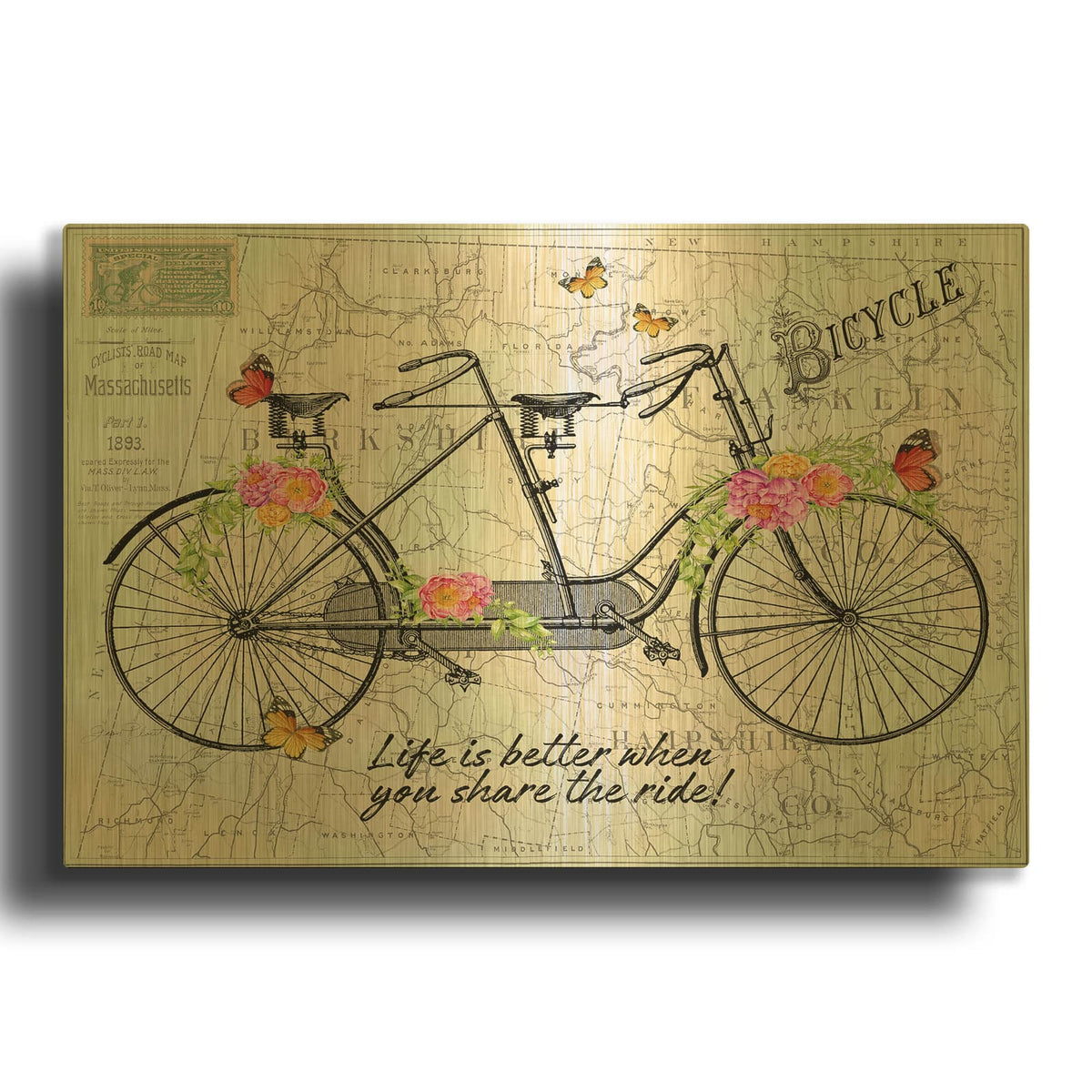 'Vintage Bicycle with Map B' By Jean Plout Gold Metal Wall Art