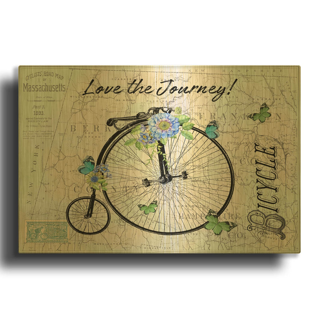 'Vintage Bicycle with Map C' By Jean Plout Gold Metal Wall Art