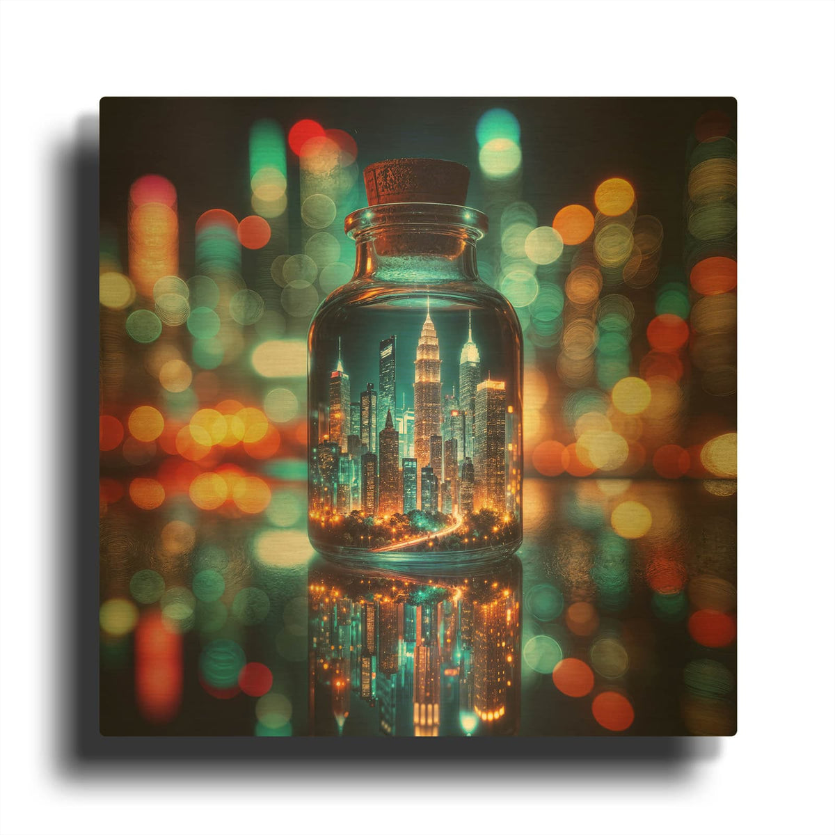 'City in the Bottle' By Rey Klimt Gold Metal Wall Art