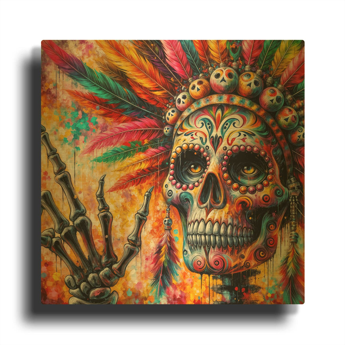 'Colorful Skull with Feathers' By Rey Klimt Gold Metal Wall Art