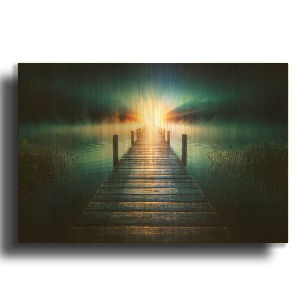 'Pier at Sunrise 2' By Rey Klimt Gold Metal Wall Art