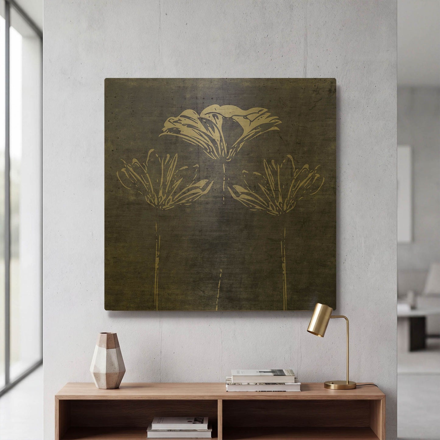 'Indigo Wild Flowers' By Linda Woods Gold Metal Wall Art