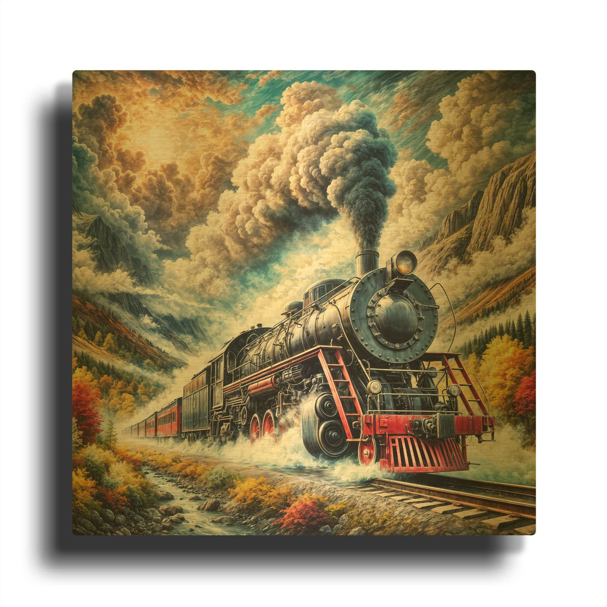 'Steam Locomotive in Fall Colors' By Rey Klimt Gold Metal Wall Art