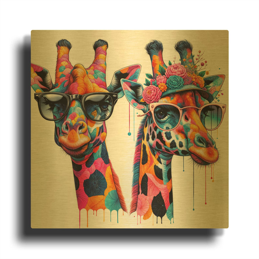 'Two Giraffes in Sunglasses' By Rey Klimt Gold Metal Wall Art