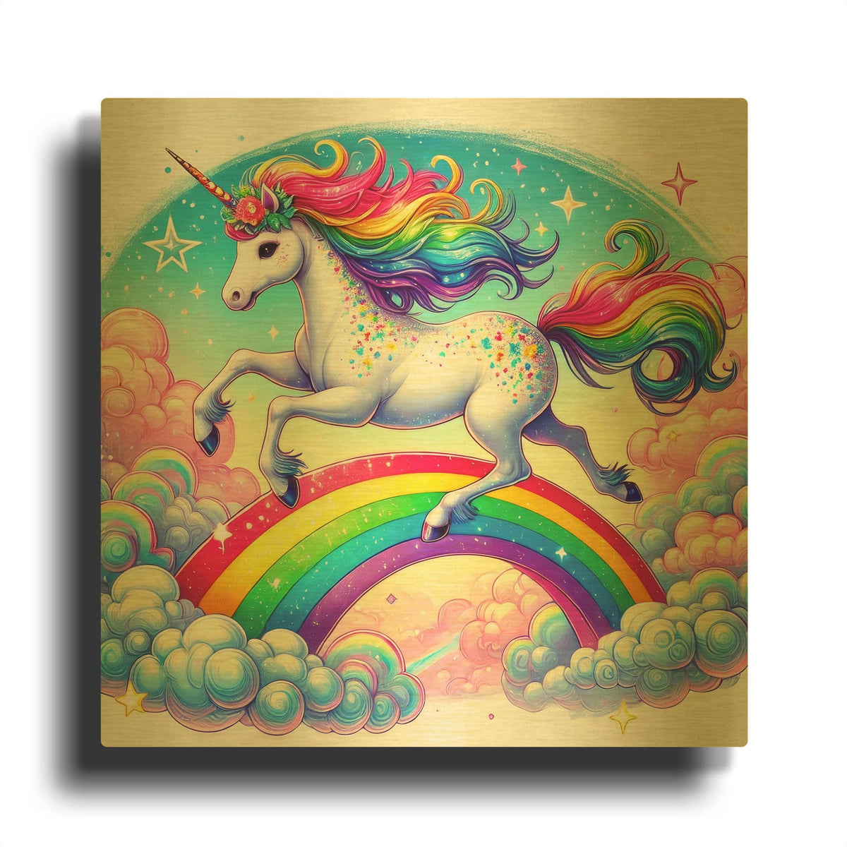 'Unicorn Over Rainbow' By Rey Klimt Gold Metal Wall Art