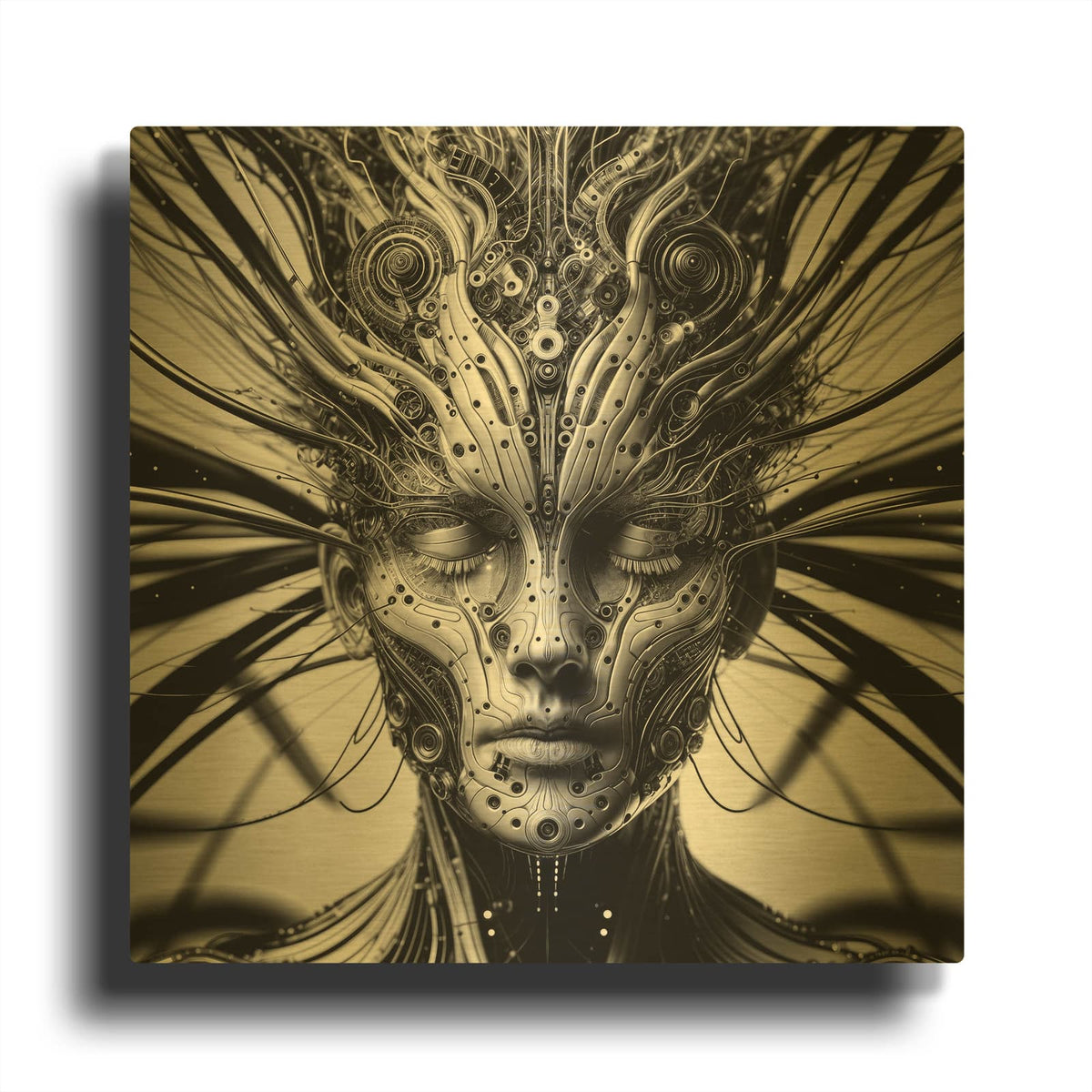 'Techno Face 6' By KIR.DART Gold Metal Wall Art