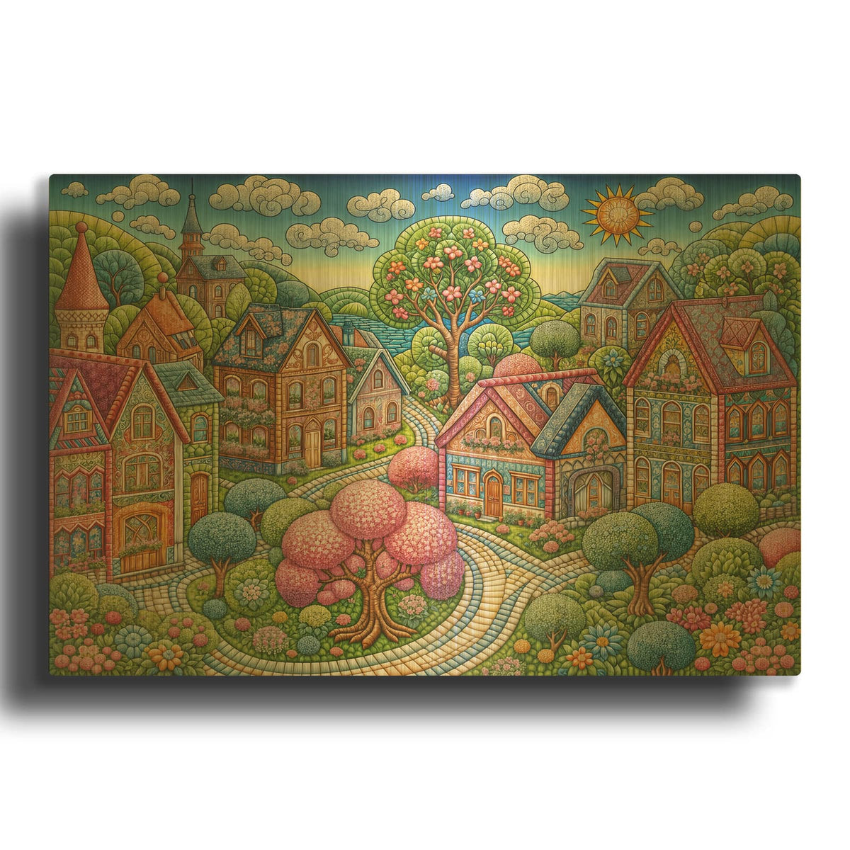 'Quilt Style Scene 2' By Rey Klimt Gold Metal Wall Art