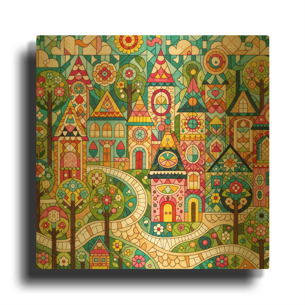 'Quilt Style Scene 3' By Rey Klimt Gold Metal Wall Art